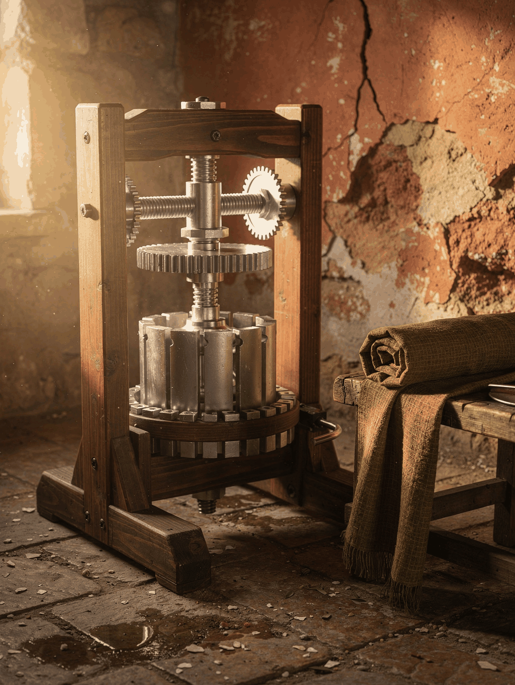 Traditional wooden marachekku cold-press machine extracting pure natural oil