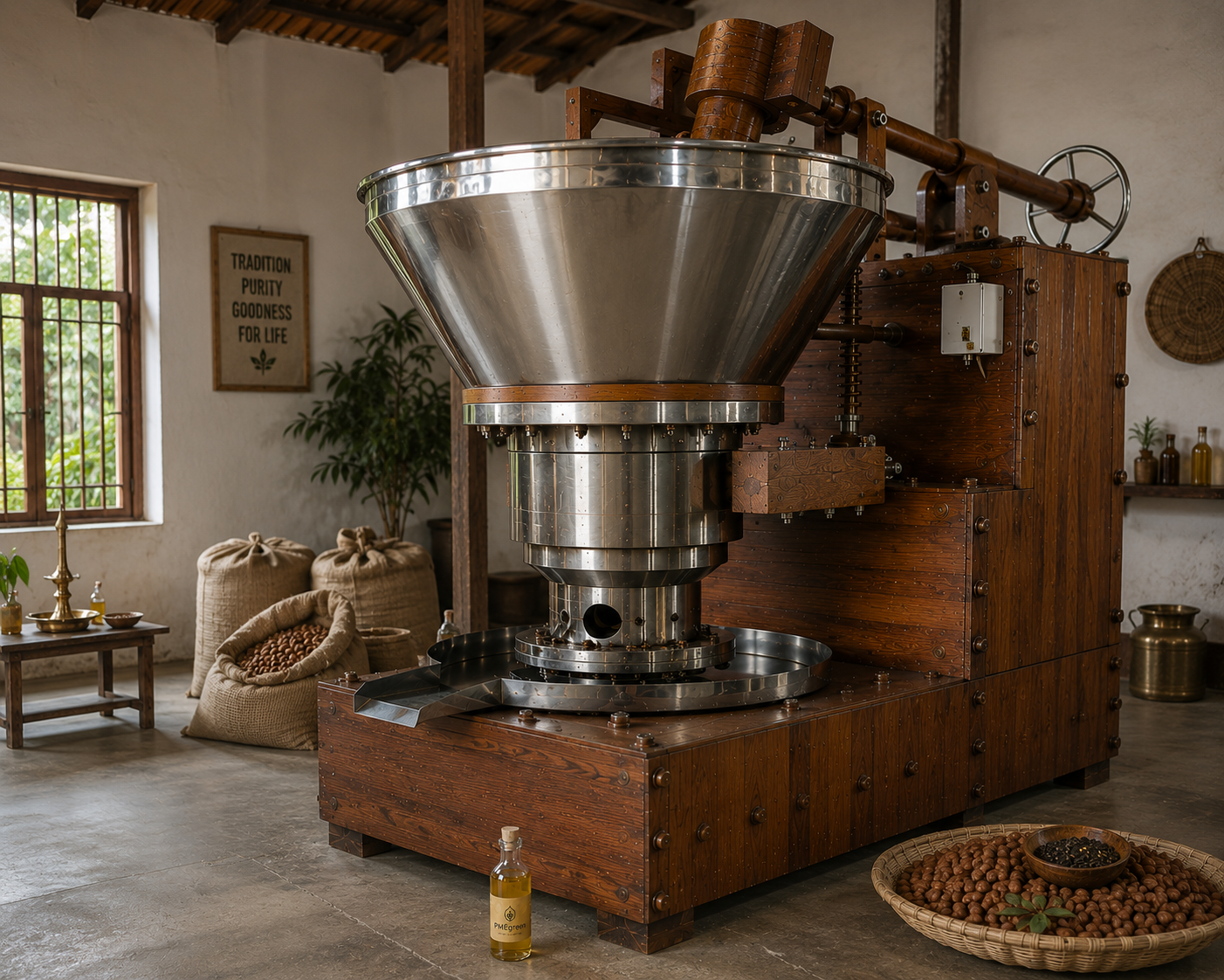 Traditional wooden marachekku cold-press machine extracting pure natural oil