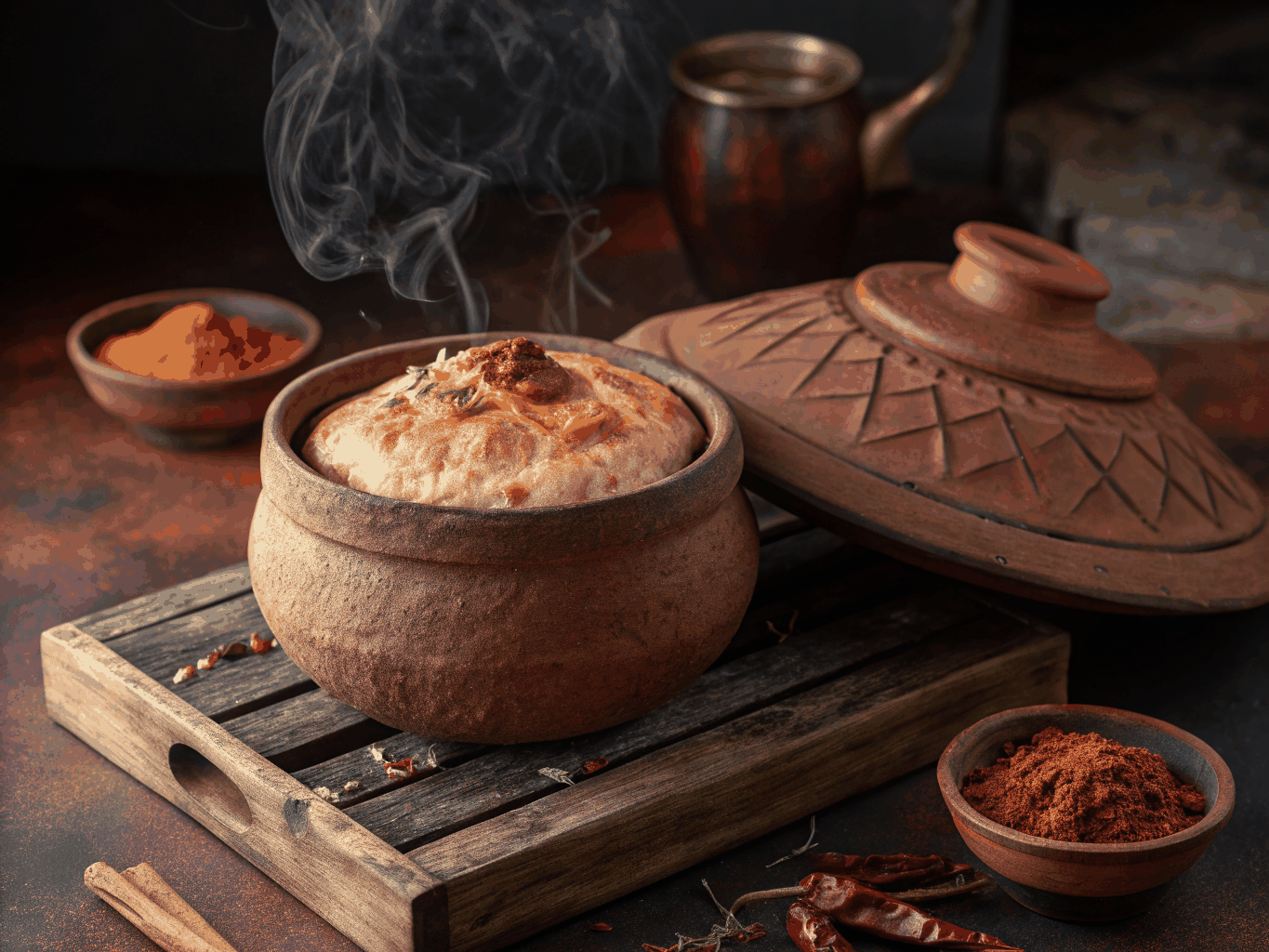 Earthen vessel and iron pan gently roasting natural grain mixtures over low flame