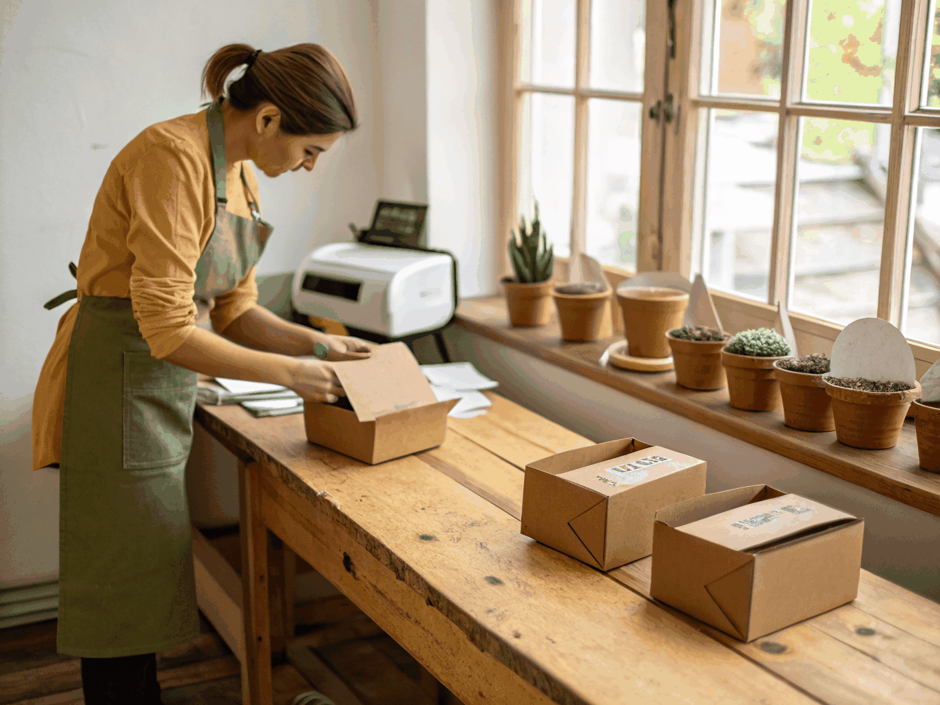 Neat wooden craft packaging table with handmade labels and recycled cardboard
